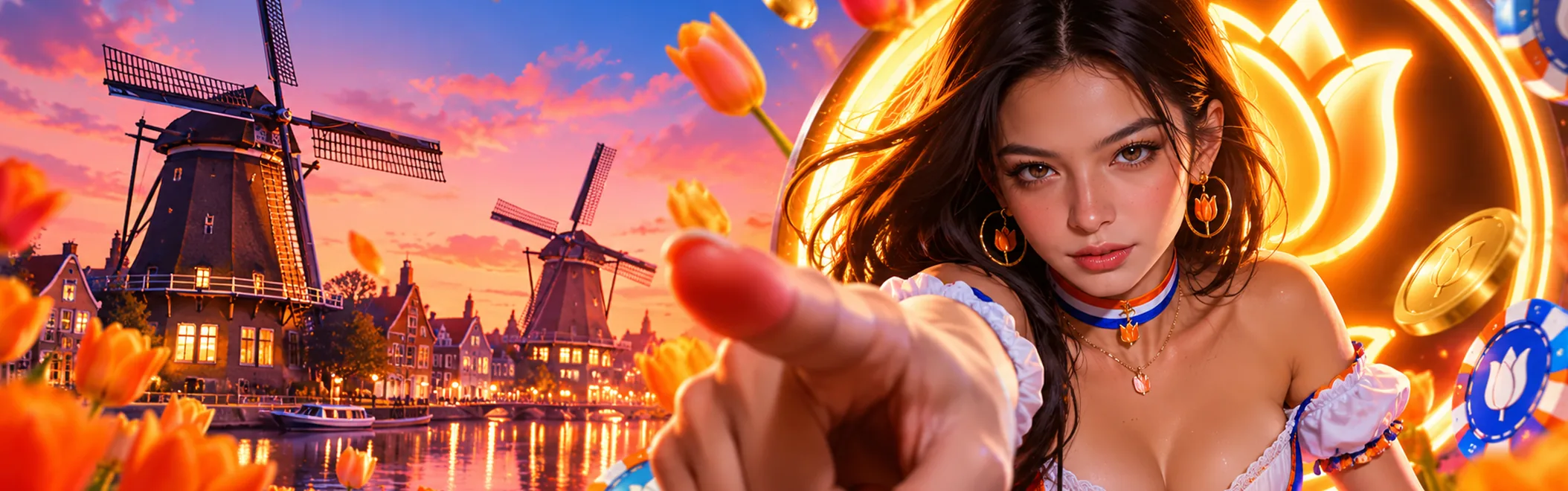 Banner van Goldify Casino Nederland met molens aan het water, grachtenpanden en oranje tulpen
